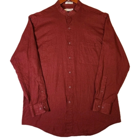 Vintage Pierre Cardin Linen Shirt Mens 15.5 32/33 Burgundy 90s Retro Band Collar - Picture 1 of 10